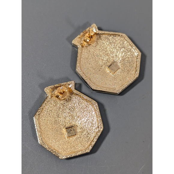 Vintage Gold Tone Octagon Earrings Cream Enamel Rhinestone Geometric (READ) - Picture 5 of 7